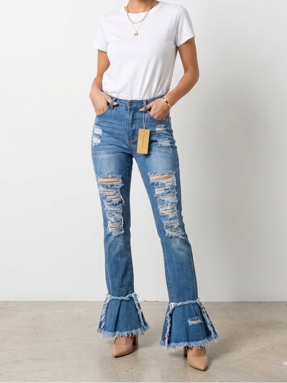 NWT APHRODITE Distressed Ripped Bell Bottom Jeans Frayed Flare denim❤️